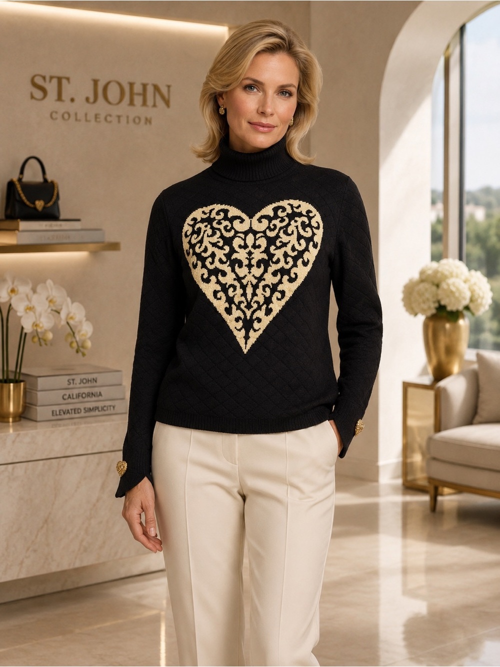 St. John Collection Heart Motif Turtleneck Sweater – Black & Gold – Size Medium